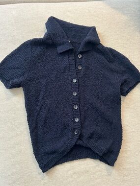 Garage Navy Short-Sleeve Button Down Knit Top
